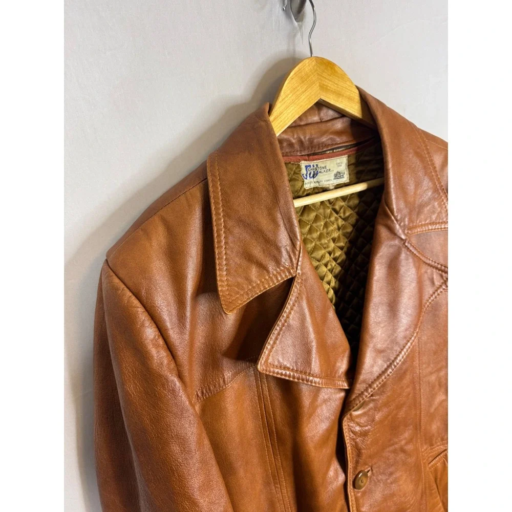 Vintage Johnstone Walker Mens Brown Leather Blazer Jacket Quilted Liner 48 XL